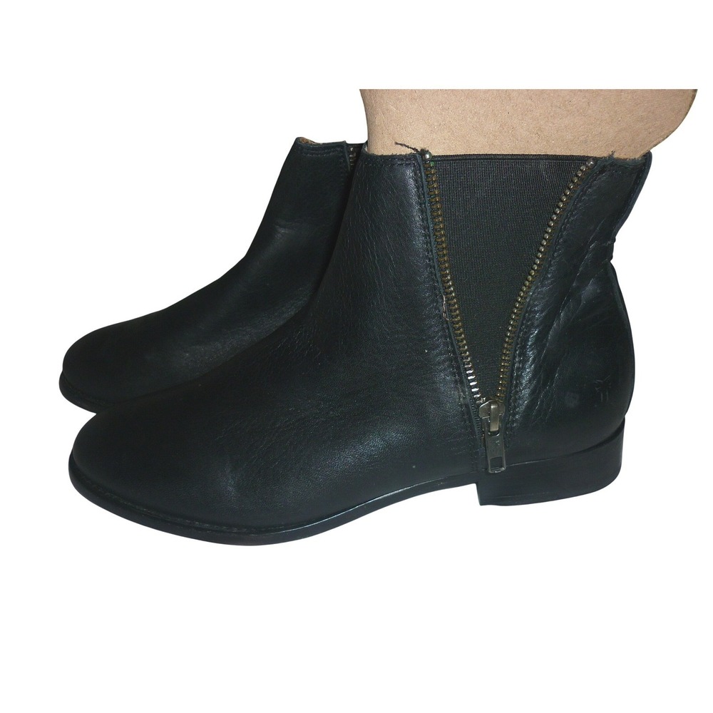 Frye Carly Black Leather Double Zip Chelsea Ankle Boots 6.5 B 3471718 NWOB